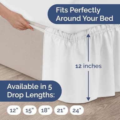 Wrap Around Dust Ruffle Bed Skirt - White - for Queen Size Beds with 12 Inch Drop - Easy Fit Elastic Strap - Adjustable Pleated Bedskirt w/Brushed Fabric - Wrinkle Free - for Women, Men, Kids & Teens - Image 4