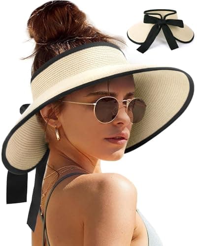 Camptrace Sun Visors for Women Wide Brim Beach Hat Foldable Straw Visor Hat Ponytail Summer Packable UPF 50+ Beige - Image 1