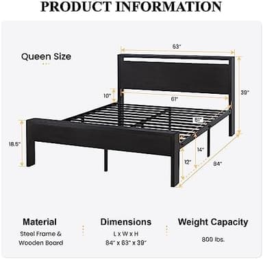 SHA CERLIN 14 Inch Queen Size Metal Platform Bed Frame with Wooden Headboard and Footboard, Mattress Foundation, No Box Spring Needed, Large Under Bed Storage, Non-Slip Without Noise, Black Oak - Image 4