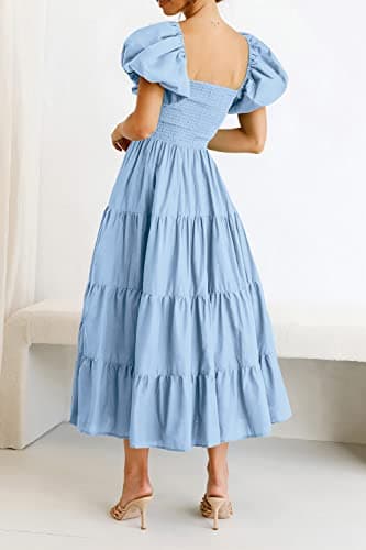 PRETTYGARDEN Women's Casual Summer Midi Dress Puffy Short Sleeve Square Neck Smocked Tiered Ruffle Dresses (Light Blue,Large) - Image 4