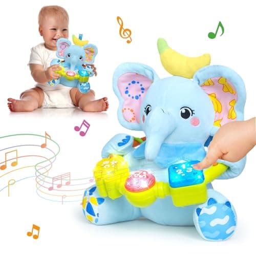 Ryotagift Baby Bilingual Musical Elephant Stuffed Animals Toys,Infant Early Learning Toy with Light-Up Music & Crinkle,Tummy Time Toys for 0 3 6 9 12+ Months for Baby Boy Girl Gift,Blue - Image 1
