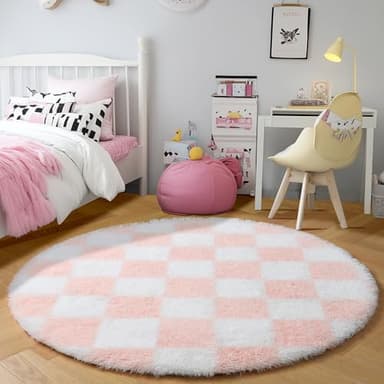 KICMOR Pink Round Rug 4ft for Girls Bedroom, Fluffy Soft Circle Area Rug Cute Small Living Room Carpet, Indoor Fuzzy Shag Shaggy Checkered Circular Rugs for Kids Room Nursery Home Decor Aesthetic - Image 3