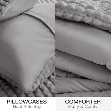 Plush & Plaid 3-Piece Queen Fluffy Fleece Comforter Set with 2 Pillowcases, Extra Soft Warm Winter Bedding Set for Men Women Kid, Thick Heavy-Weight Luxury Furry Bed Set for Boy Girl, Gray - Image 5
