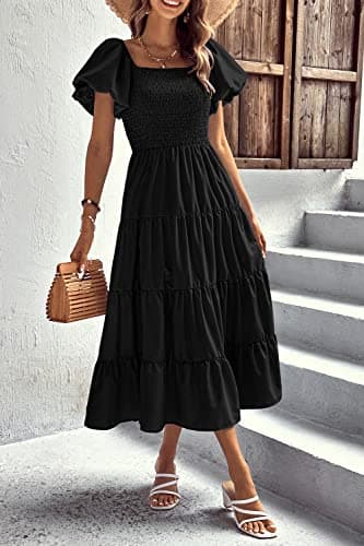 PRETTYGARDEN Women's Casual Summer Midi Dress Puffy Short Sleeve Square Neck Smocked Tiered Ruffle Dresses (Black,Medium) - Image 5