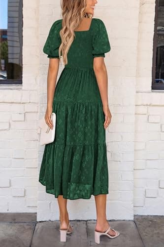PRETTYGARDEN Women's 2025 Summer Casual Midi Dresses Square Neck Short Sleeve Smocked A Line Floral Flowy Elegant Boho Dress (Dark Green,Large) - Image 2