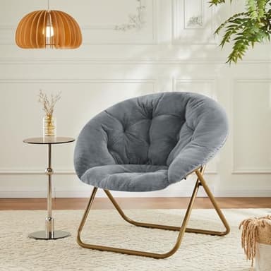 Sweetcrispy Cozy Saucer Chairs Faux Fur Living Room Reading Lounge Furniture Folding Comfy with Soft Thick Padded Seat Metal Frame Modern Style for Bedroom Home Adults, X-Large, Grey - Image 5