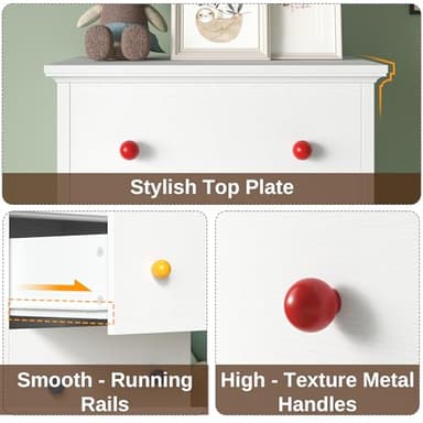LIKIMIO Small Dresser Tall, 6 Drawer Tall Skinny Dresser with Colorful Handles, Chest of Drawers for Bedroom, 51.5" H Modern Wooden Floor Storage Cabinet with Metal Sliding Rail, White - Image 6