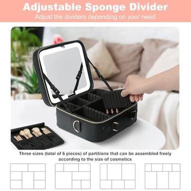 Mocado Travel Makeup Bag with LED Lighted Mirror,Travel Makeup Organizer,Makeup Case with 3 Color Lighted Setting and 10x Magnifying Mirror,Portable Storage and Adjustable Dividers Makeup Box(Black) - Image 5
