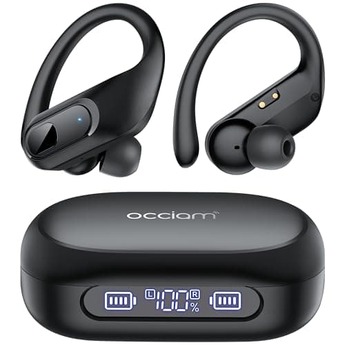 occiam Active Noise Cancelling Ear Buds Wireless Earbuds Bluetooth Headphones 96Hrs Playback LED Display Over-Ear Waterproof Earphones with Earhooks Mics Clear Call for Sport/Running/Workout Black - Image 1