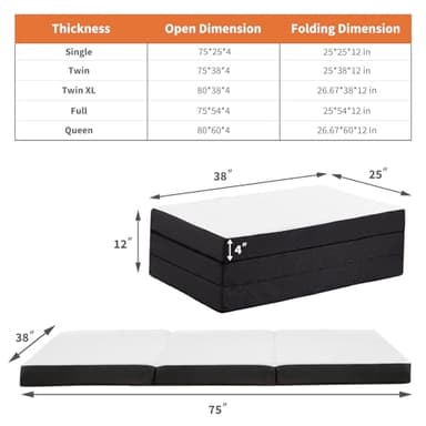Sweetcrispy Folding Mattress, 4 inch Tri-fold Memory Foam Topper for Camping, Foldable Topper with Washable Cover, Guest - Twin Size - Image 2
