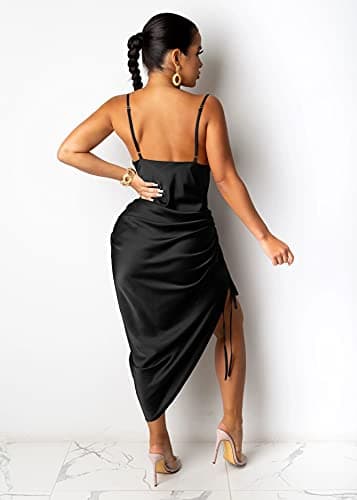 WUSENST Women's Spaghetti Strap Satin Dress Sexy Backless Drawstring Ruched Split Hem Cocktail Evening Party - Image 3