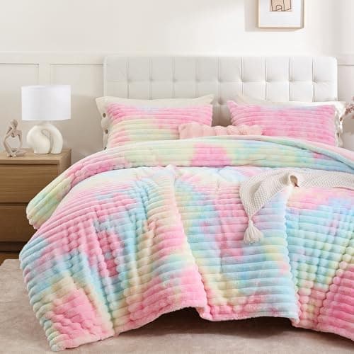 Smoofy Fluffy King Size Comforter Set 3 Pieces - Rainbow Fleece Fluffy Comforter Set, Luxury Fuzzy King Bedding Set, Soft King Bed Set All Season, Heavy Faux Fur Comforter with 2 Pillow Cases - Image 1