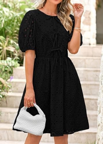 KIRUNDO Eyelet Summer Dresses for Women 2025 Short Sleeve Tie Front Babydoll A Line Wedding Guest Beach Vacation Sundress(Black, X-Large) - Image 6
