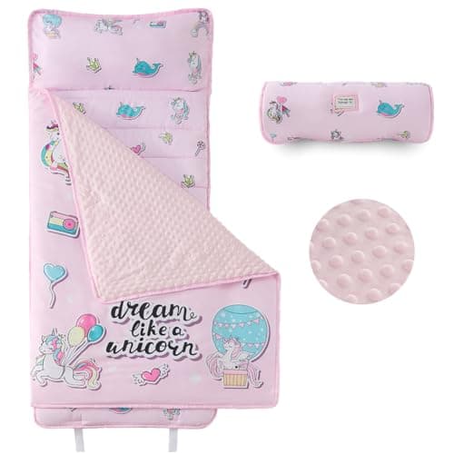 beeweed Toddler Nap Mat, Rollup Design Kid Sleeping Mat with Removable Pillow & Minky Blanket, Toddler Sleeping Bag for Daycare Preschool Travel Camping, Pink Unicorn - Image 1