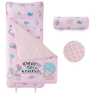 beeweed Toddler Nap Mat, Rollup Design Kid Sleeping Mat with Removable Pillow & Minky Blanket, Toddler Sleeping Bag for Daycare Preschool Travel Camping, Pink Unicorn - Image 1