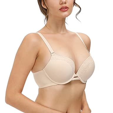 Pushlus Push Up Thick Padded Plunge Underwire T Shirt Lace Bra Lift Support for Women Add One Cup 38D Nude - Image 3