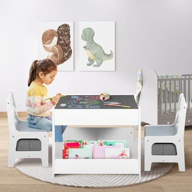 Kinder King Kids Wood Table & 2 Chairs Set, 4 in 1 Children Activity Table w/Double Bookcase, Blackboard, Toddler Furniture Set for Art, Crafts, Drawing, Reading, Playroom, Grey - Image 3