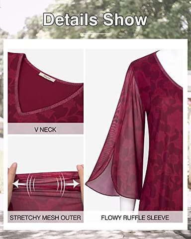 Bebonnie Womens Tops Dressy Casual,Ladies 3/4 Long Sleeve Fall Tunic Tops for Leggings Peasant Office Work Clothes Business Casual Dressy Shirts Mesh Elegant Floral Peasant Top Berry Red M - Image 5