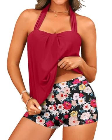 Red Flowers Women Two Piece Tankini with Shorts - Blouson Bathing Suit Halter Bandeau Top Swimsuit with Boyshorts Swimwear XL - Image 1