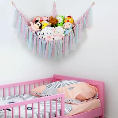 Stuffed Animal Hammock with LED Lights - 59 Inch Large Toy Storage Net for Kids Bedroom, Wall-Mounted Plush Organizer with Wooden Rings, Nursery Decor (Handwoven, Pink) - Image 5
