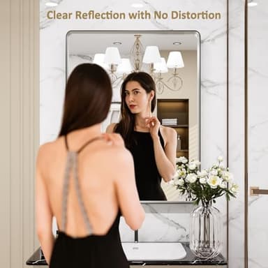 LOAAO 24X36 Inch Brushed Nickel Bathroom Mirror, Rounded Rectangle Silver Metal Frame Mirror, Brushed Nickel, Anti-Rust, Hangs Horizontally or Vertically - Image 2