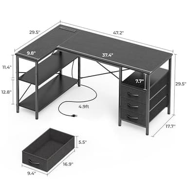 Huuger L Shaped Office Desk with Power Outlets, 47 Inch Computer Desk with 3 Drawers, Shelves, for Gaming, Corner Work, Home Office, Study, Black - Image 3