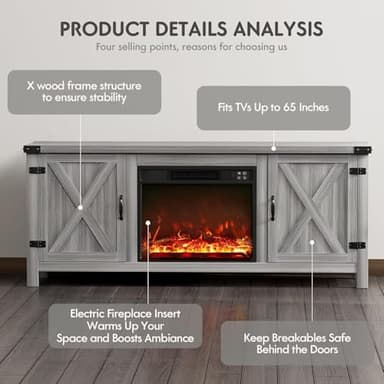 YESHOMY Fireplace TV Stand with Two Barn Doors and Storage Cabinets for Televisions up to 65+ Inch, Entertainment Center Console Table, Media Furniture for Living Room, 58 Inch, Gray Wash - Image 5