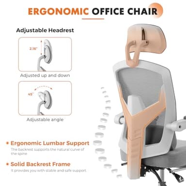 Sweetcrispy Office Computer Desk Chair with Footrest,Ergonomic High-Back Mesh Rolling Work Swivel Chairs with Wheels,Comfortable Lumbar Support,Comfy Arms for Home,Bedroom,Study,Student,Light Grey - Image 4