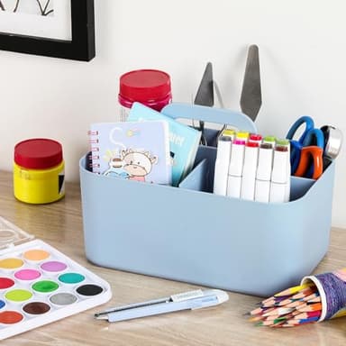 Multiuse Caddy Organizer with Handle - Stackable Plastic Tote Bin - Art Craft Supplies, Office, Desk, Stationery Pen Holder, Kitchen, Utensil, Makeup, Bathroom, Shower, Cleaning, Dorm Organizer - Blue - Image 3