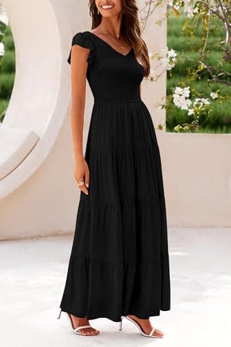 PRETTYGARDEN Women's Summer Flowy Maxi Dress Casual Cap Sleeve V Neck Smocked Beach Sundress (Solid Black,Small) - Image 4