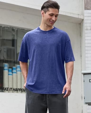 3 Pcs Oversized Heavy Cotton Summer T-Shirts Vintage Unisex Short Sleeves Casual Loose Basic Tops(A-Blue+Grey+Black L) - Image 2