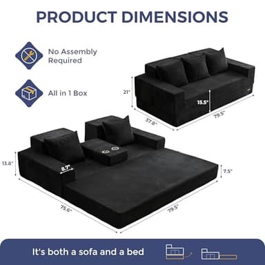 MAXYOYO Sofa Bed, 4 in 1 Foldable Floor Sofa Couch in A Box with 2 Cup Holders, Convertible 3 Seater Boneless Couch Folding Recliner Sleeper Chair for Living Room, No Assembly Required, Black - Image 2
