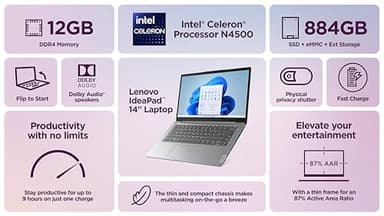 Lenovo IdeaPad 14" Laptop Computer 2025, 12GB RAM, 884GB Storage (256GB SSD +128GB eMMC +500GB Ext), Intel Core Processor, UHD Graphics, Long Battery WiFi-6, MarxsolAccessory, 1-Yr Office 365, Win 11 - Image 3