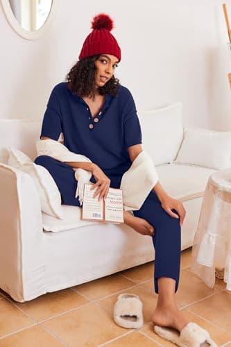 Ekouaer Womens Sweater Sets Oversized Chunky Knit Sweater Top Wide Leg Pants 2025 Trendy Clothes Chic Outfits Midnight Blue, S - Image 5