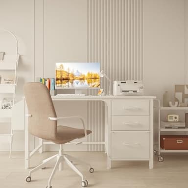 Lufeiya White Desk with Fabric File Drawers Cabinet, 47 Inch Reversible Computer Desk with Filing Cabinet for Bedroom Small Space Home Office, Modern Writing Table PC Desks, White - Image 2