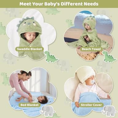 6 PCS Toddler Bath Towel Set for Boy Girl 0-5 Year, 2 PCS Thick Absorbent Hooded Baby Bath Towels Large 55" x 27.5" & 4 PCS Washcloths, Ultra Soft Gift for Infant, Toddler, Kids, Dinosaur & Elephant - Image 8
