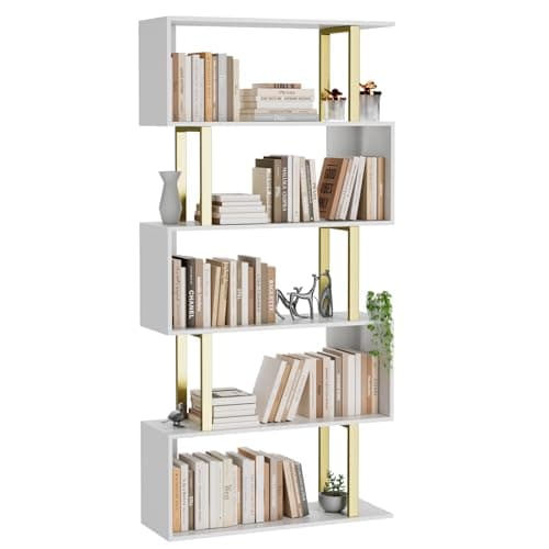 Gadroad 5 Tier Geometric Bookcase,S Shaped Bookshelf, Wood Decorative Storage Shelving, Modern Freestanding Display Shelves, Tall Book Shelf Unit for Living Room Bedroom, Gold - Image 1