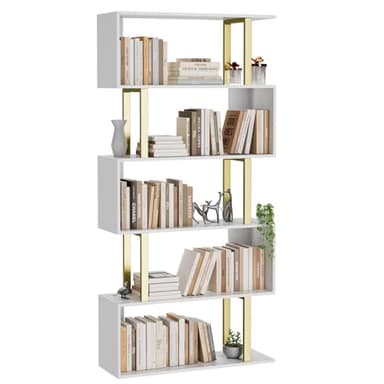 Gadroad 5 Tier Geometric Bookcase,S Shaped Bookshelf, Wood Decorative Storage Shelving, Modern Freestanding Display Shelves, Tall Book Shelf Unit for Living Room Bedroom, Gold - Image 1