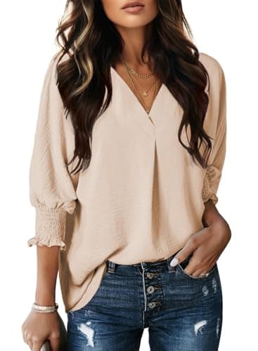 Dokotoo Women Blouses Fall Shirts for Women 2025 Fashion V Neck Business Casual Outfits 3/4 Length Sleeve Womens Tops Dressy Plus Size Spring Clothes Loose Fit Apricot Tops for Women Clothing XL - Image 1