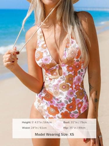 CUPSHE Women's One Piece Swimsuit Deep V Neck Keyhole Cutout O Ring Textured Floral Bathing Suit, XS - Image 5