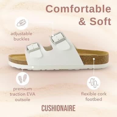 CUSHIONAIRE Lane Cork Footbed Sandals for Women – Comfortable Double Buckle Slip-On with Genuine Suede Footbed & Arch Support Slides for Women Footwear, WHITE 8 - Image 4