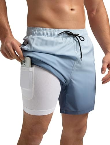 SILKWORLD Mens Swimming Trunks with Compression Liner Quick Dry 5 inch Swim Shorts with Zipper Pockets, Grey Gradient, Small - Image 1