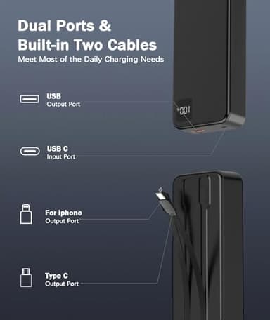 Portable Charger 20000mAh Power Bank -Portable Battery with 2 Built in Cables PD QC4.0 22.5W Fast Charging Battery Pack Phone Charger for iPhone 15 14 13 Samsung Galaxy iPad etc (1 Pack, Black) - Image 6