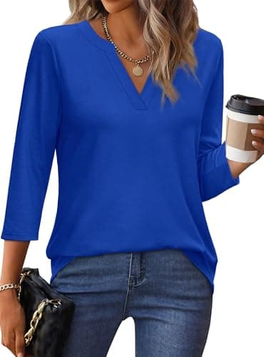 OFEEFAN Summer Tops for Women 2025 Trendy 3/4 Sleeve T Shirts Work Blouses Businsee Casual Loose Fit Blue XL - Image 3