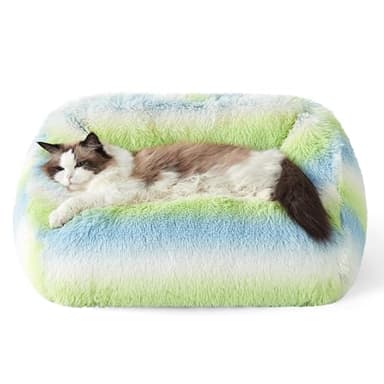 Lesure Cute Cat Bed Indoor - Furry Cat Bed Large, Washable Calming Small Dog Beds for Puppy with Fashion Design, 26x21x9inches, Green Stripe - Image 1