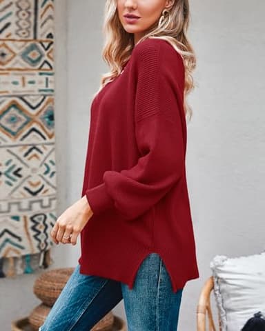 Imily Bela Womens Oversized Tunic Sweaters Fall Slouchy Long Sleeve Ribbed Knit Side Slit Pullover Jumper Tops Red - Image 3
