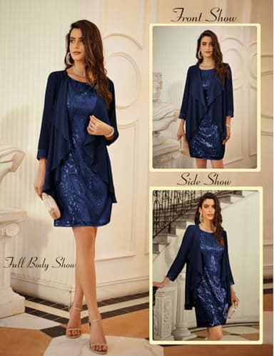 GRACE KARIN Sequin Dress for Women Party with Chiffon Classy Wedding Guest Dress Navy Blue L - Image 3