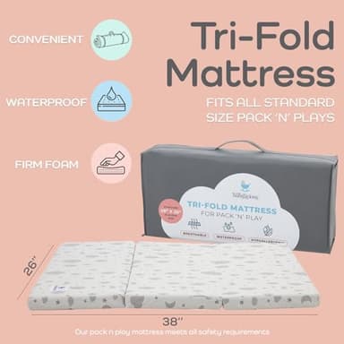 Waterproof Pack and Play Mattress Topper | 38" x 26" x 1.5" | Trifold Style - Breathable Soft Plush Foam - Portable Mattress Topper- Baby Foam Mattresses for Babies - Image 2