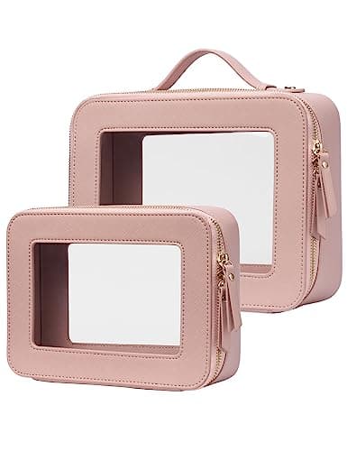Popvibe Clear Makeup Case Set Pink Toiletry Bag Travel Large Clear Cosmetic Bag with Zipper, Big Make Up Bag Organizer Women Traveling TSA Approved Transparent Bag Car for Essentials - Image 1