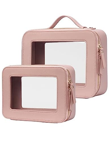 Popvibe Clear Makeup Case Set Pink Toiletry Bag Travel Large Clear Cosmetic Bag with Zipper, Big Make Up Bag Organizer Women Traveling TSA Approved Transparent Bag Car for Essentials - Image 1